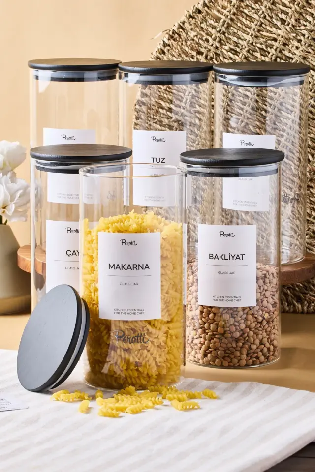 Laura 6'lı Siyah Ahşap Kapak Cam Kavanoz 1300 ml