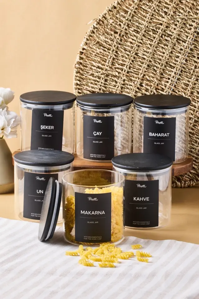 Laura 6'lı Siyah Ahşap Kapak Cam Kavanoz 750 ml