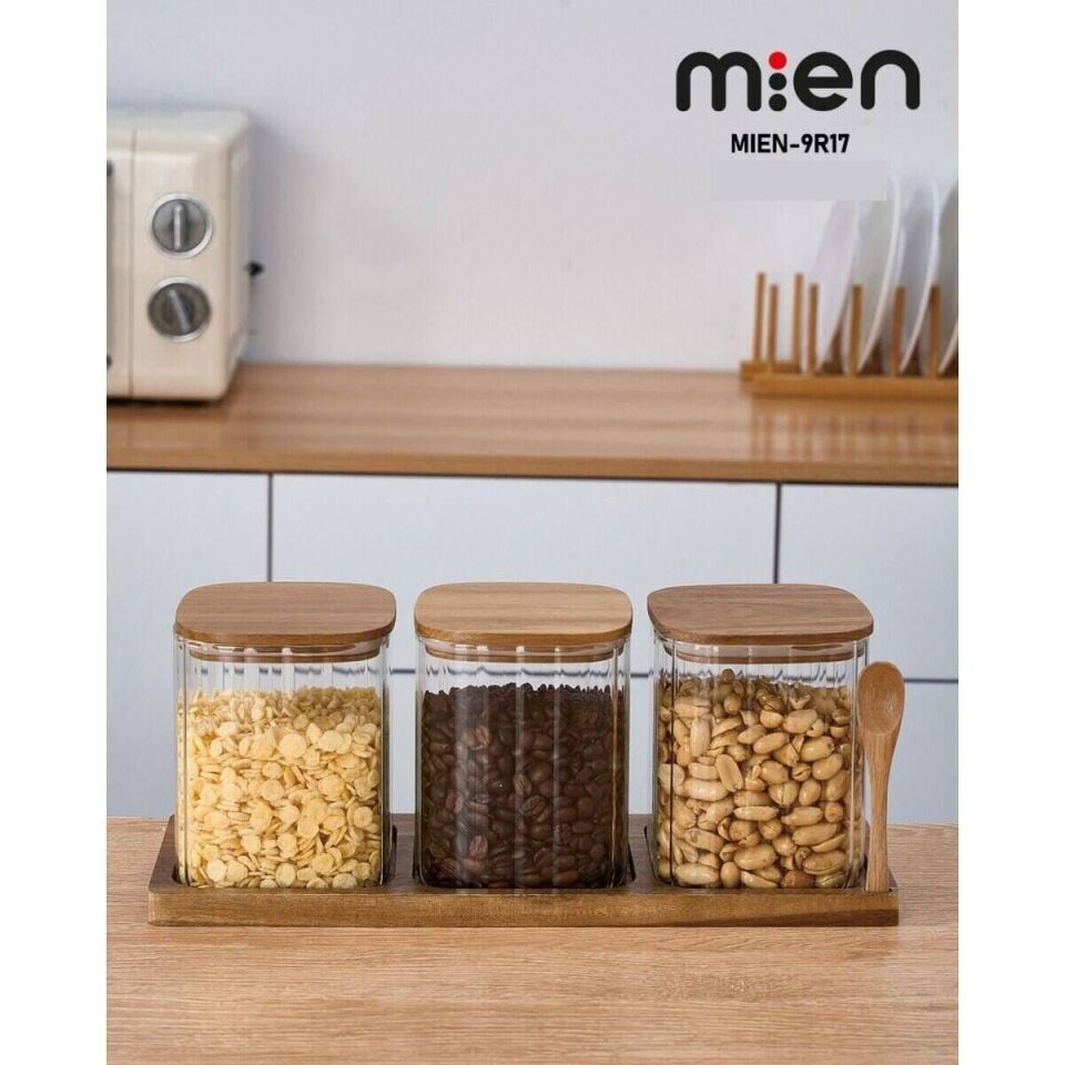 Akasya Ahşap Standlı 3’lü Çizgili Cam Baharatlık Seti 750 ml