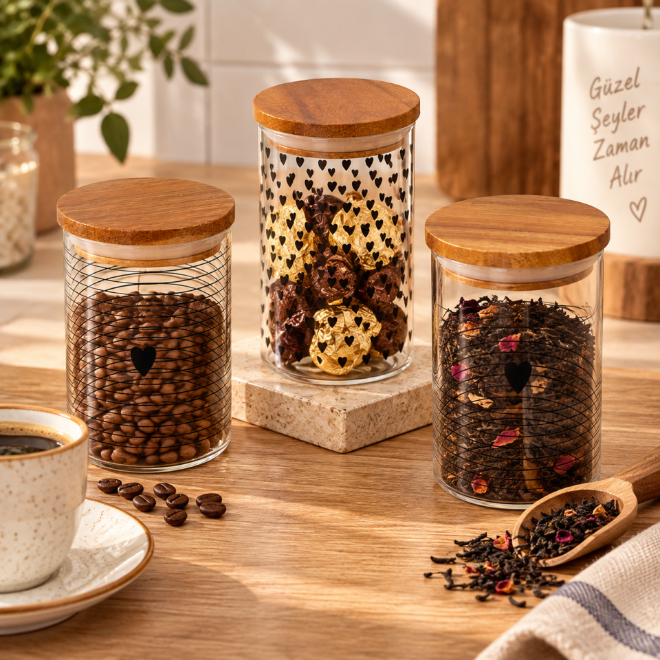 3'lü Akasya Kapaklı Kalpli Kavanoz Seti 250 ml