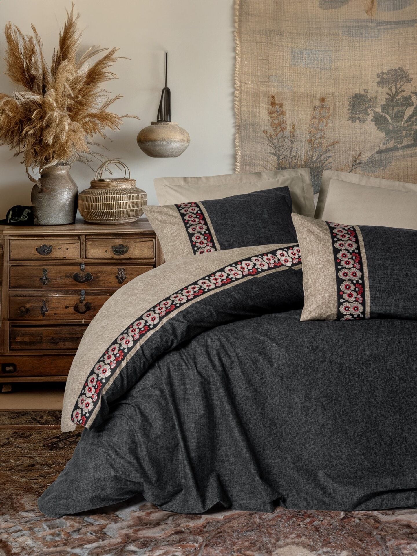 Folk Art Çift Kişilik Nevresim Takımı Yamka Bej