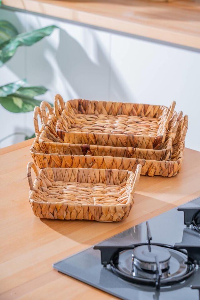 Wicker 4 Parça Hasır Yuvarlak Sepet & Tepsi