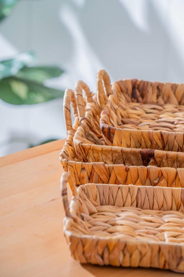 Wicker 4 Parça Hasır Yuvarlak Sepet & Tepsi