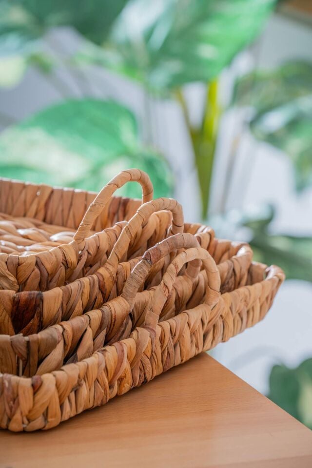 Wicker 4 Parça Hasır Yuvarlak Sepet & Tepsi