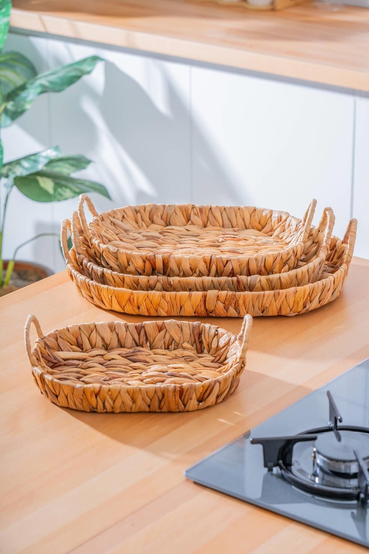 Wicker 4 Parça Hasır Oval Sepet & Tepsi
