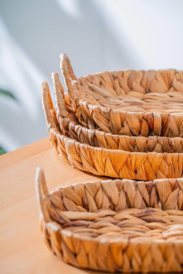 Wicker 4 Parça Hasır Oval Sepet & Tepsi