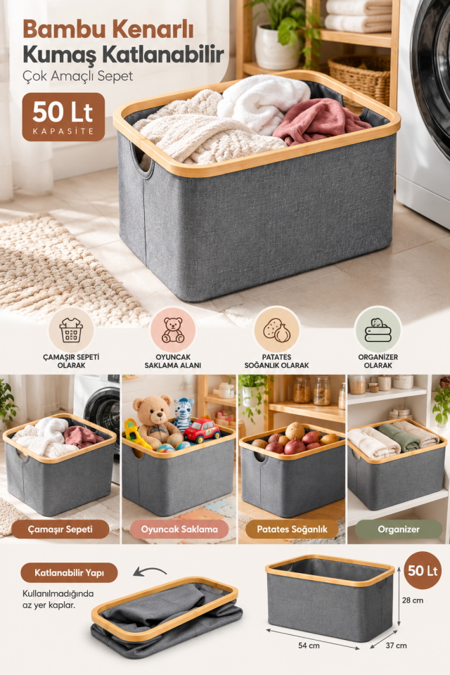 Bambu Kenarlı Kumaş Katlanabilir 50Lt Çamaşır Sepeti