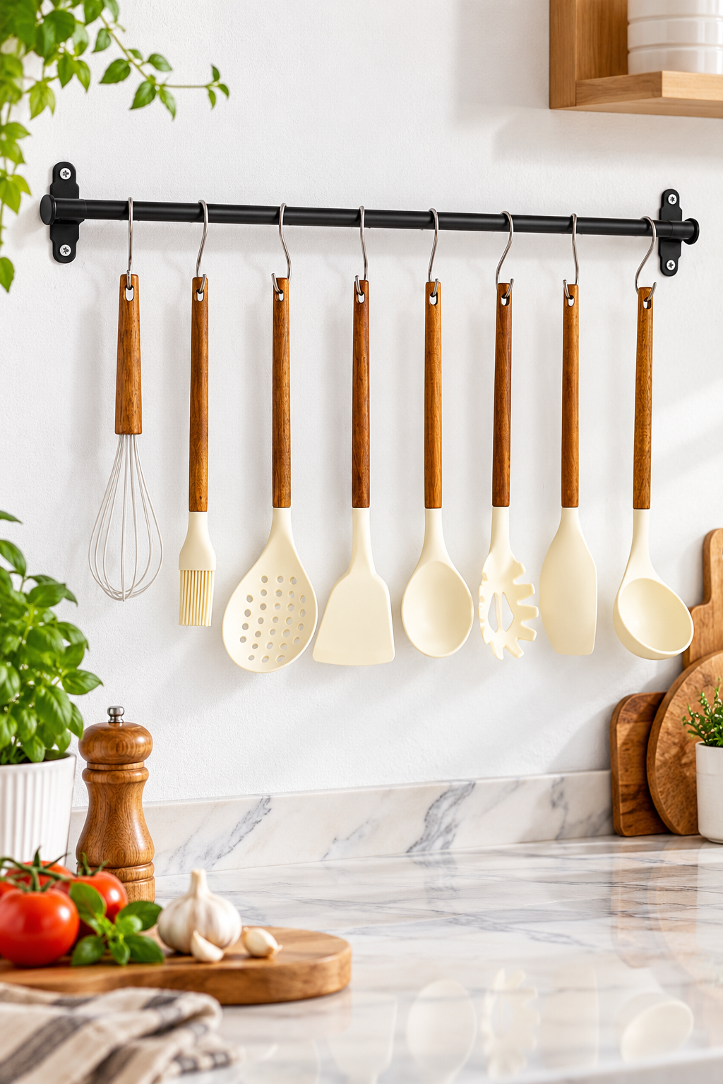 Isıya Dayanıklı Akasya Saplı Silikon Mutfak Gereçleri – 7 Parça Set